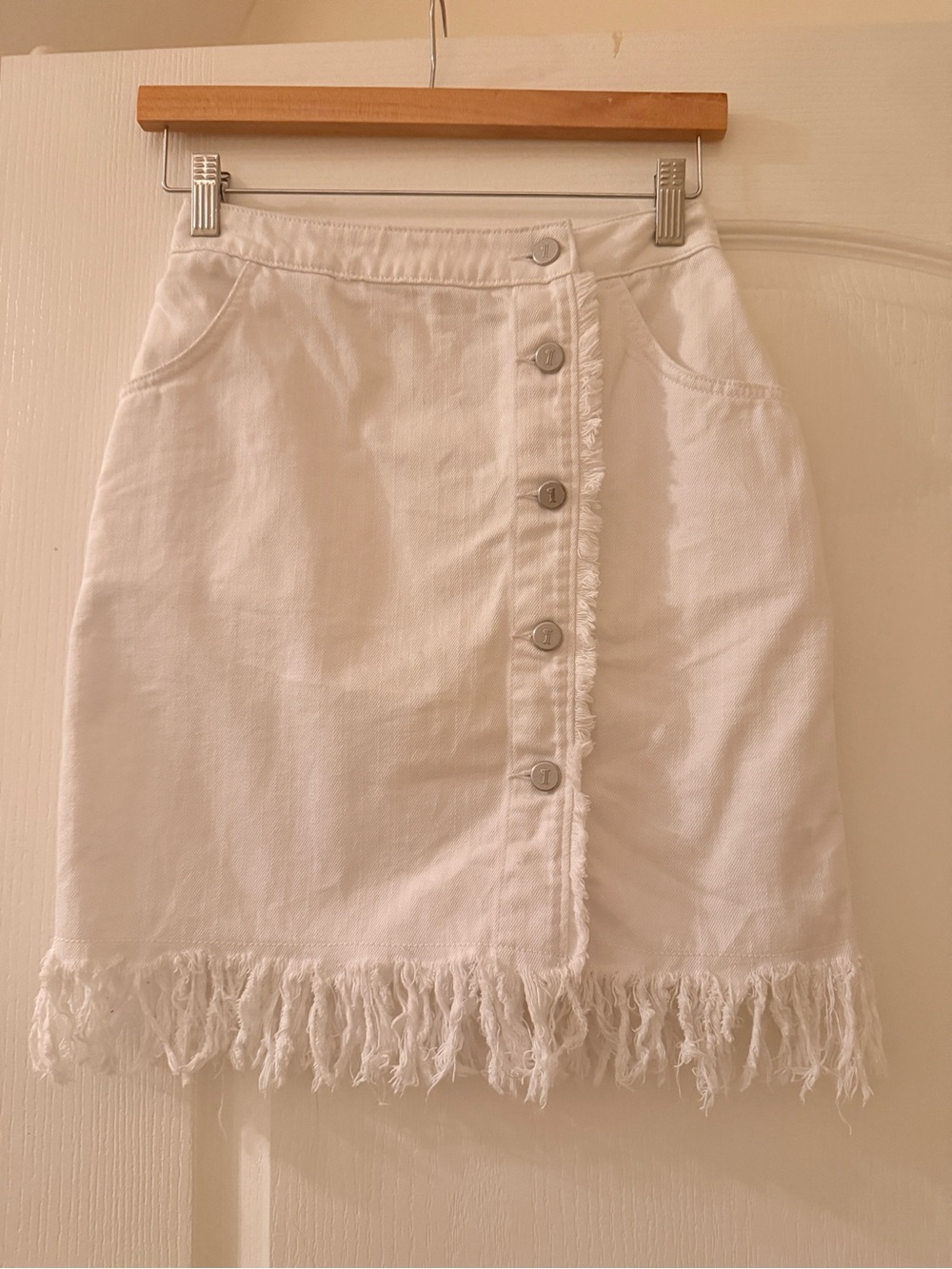 White Fringe Button-Front Denim Skirt